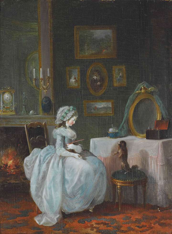 Lady with pet dog sitting in front of a dressing table